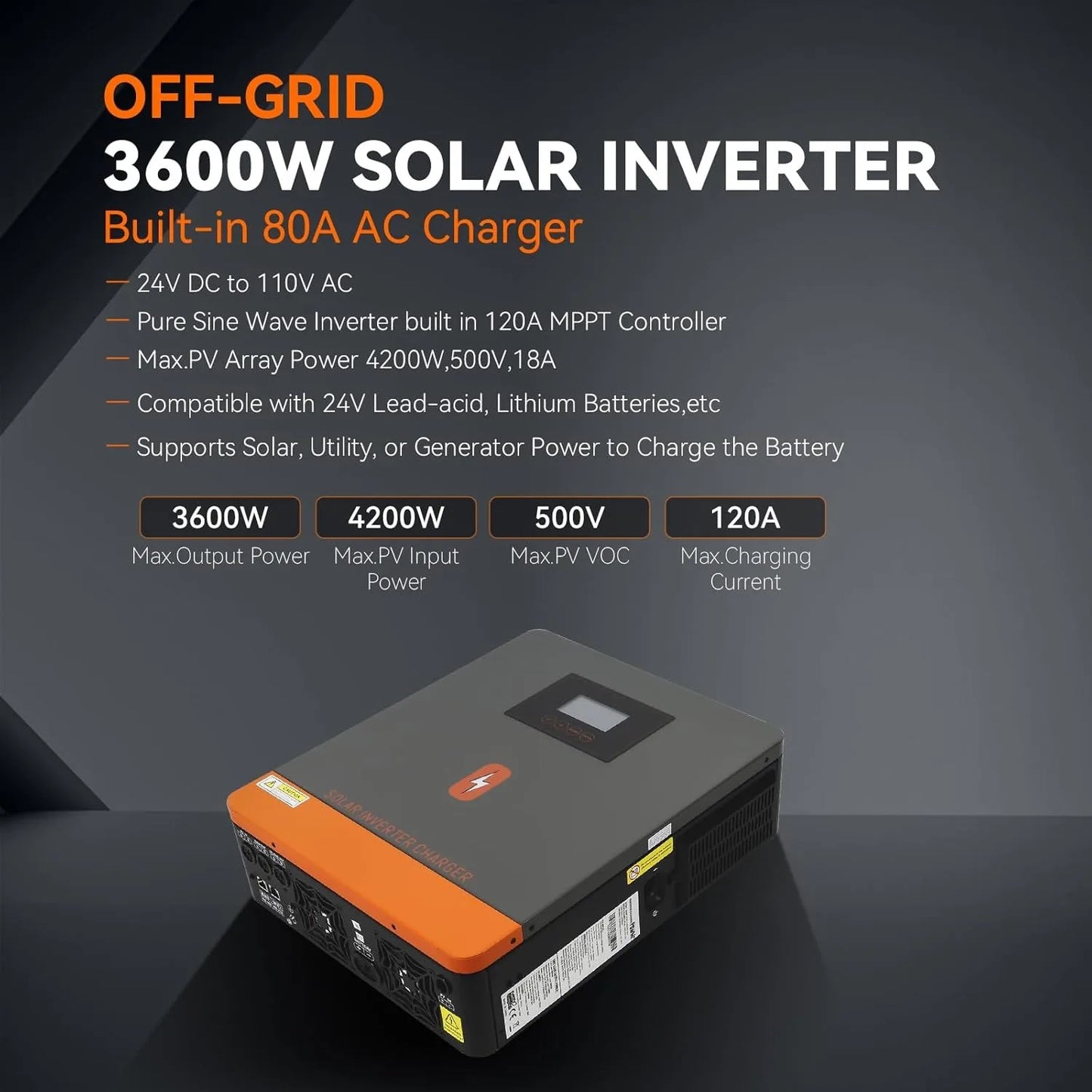 PowMr 3.6KW Hybrid Solar Inverter 24V DC to 110/120V AC With 120A MPPT Solar Charge Dual Out-Put Power Inversor Support Lifepo4