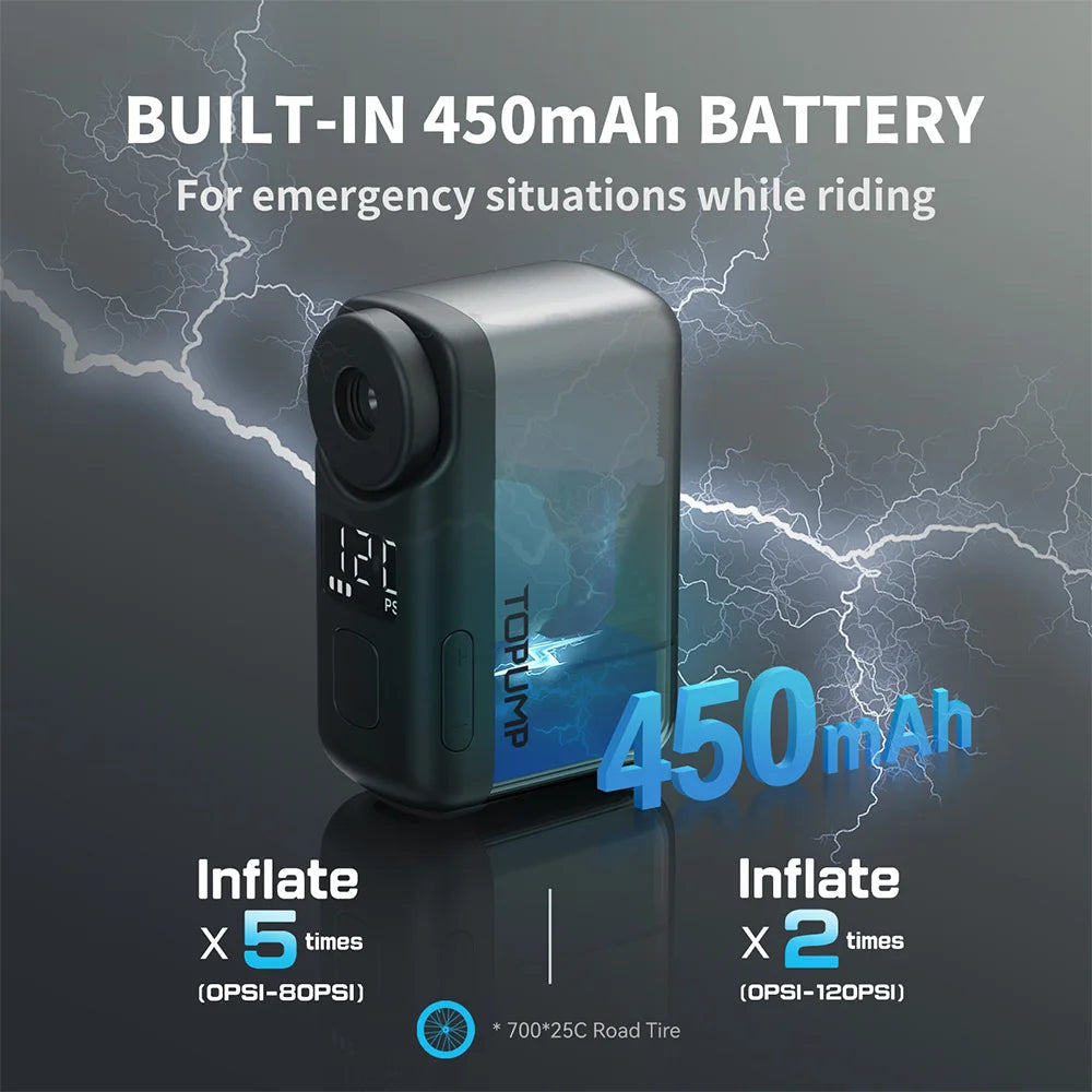 TOPUMP TB2 PRO Electric Mini Portable Pump for Bike Cordless Tire Inflator 120PSI Max 450mAh Battery with Display Fast Charging