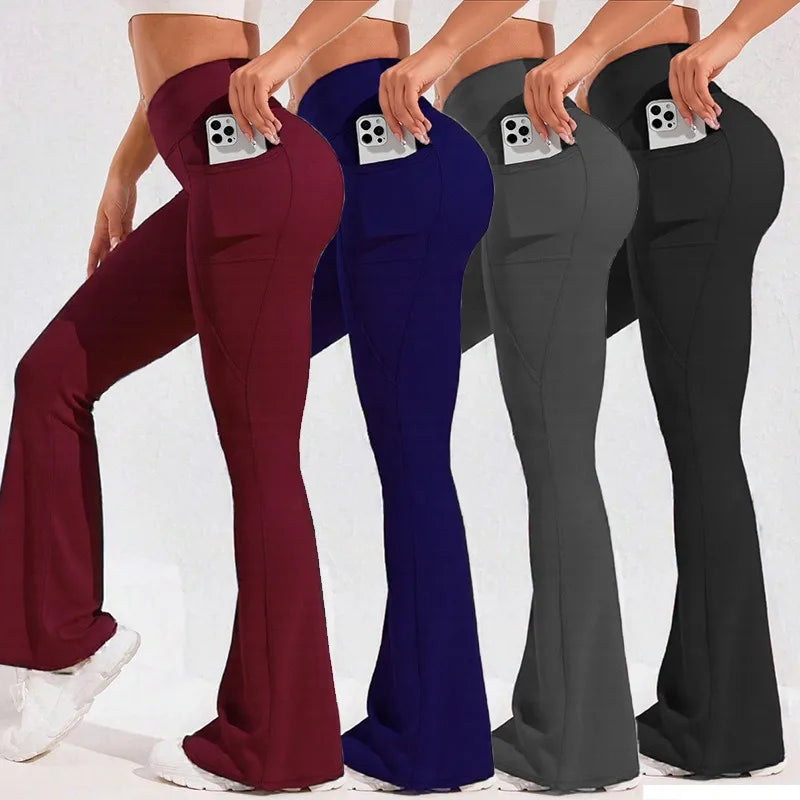 High Waist Flare Leg Yoga Pants Women with Pocket Push Up Butt  Running Tights Wide Leg Pants Gym Outdoor Cycling Leggings
