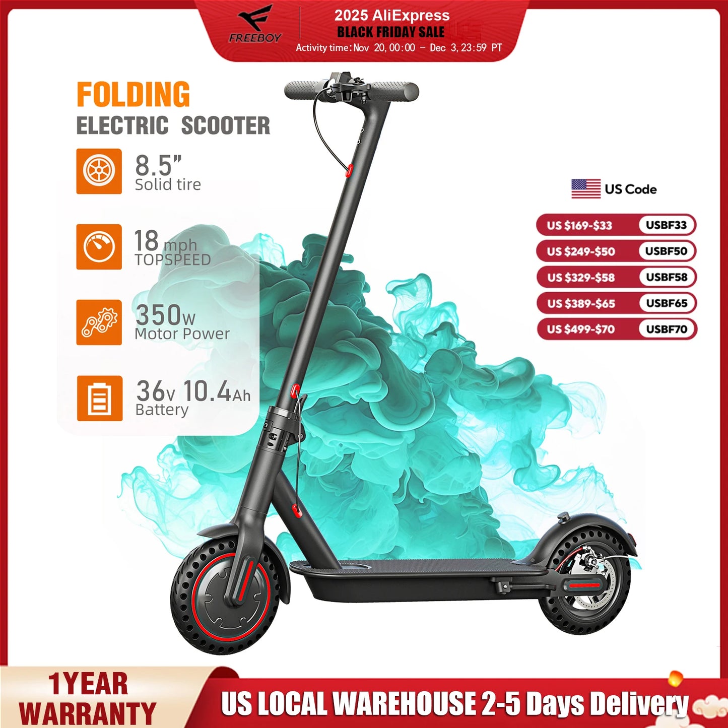 FREEBOY 350W Foldable Electric Scooter For Adults Dual Brake System