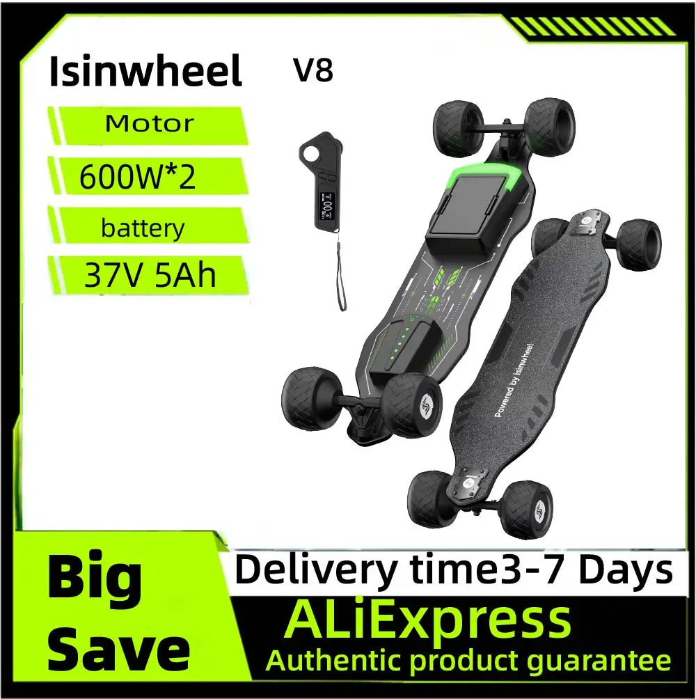 Isinwheel V8 Adult Electric Skateboard 37V 5Ah Battery 600W*2 Dual Motor f-road wheels E-skateboard E-scooter