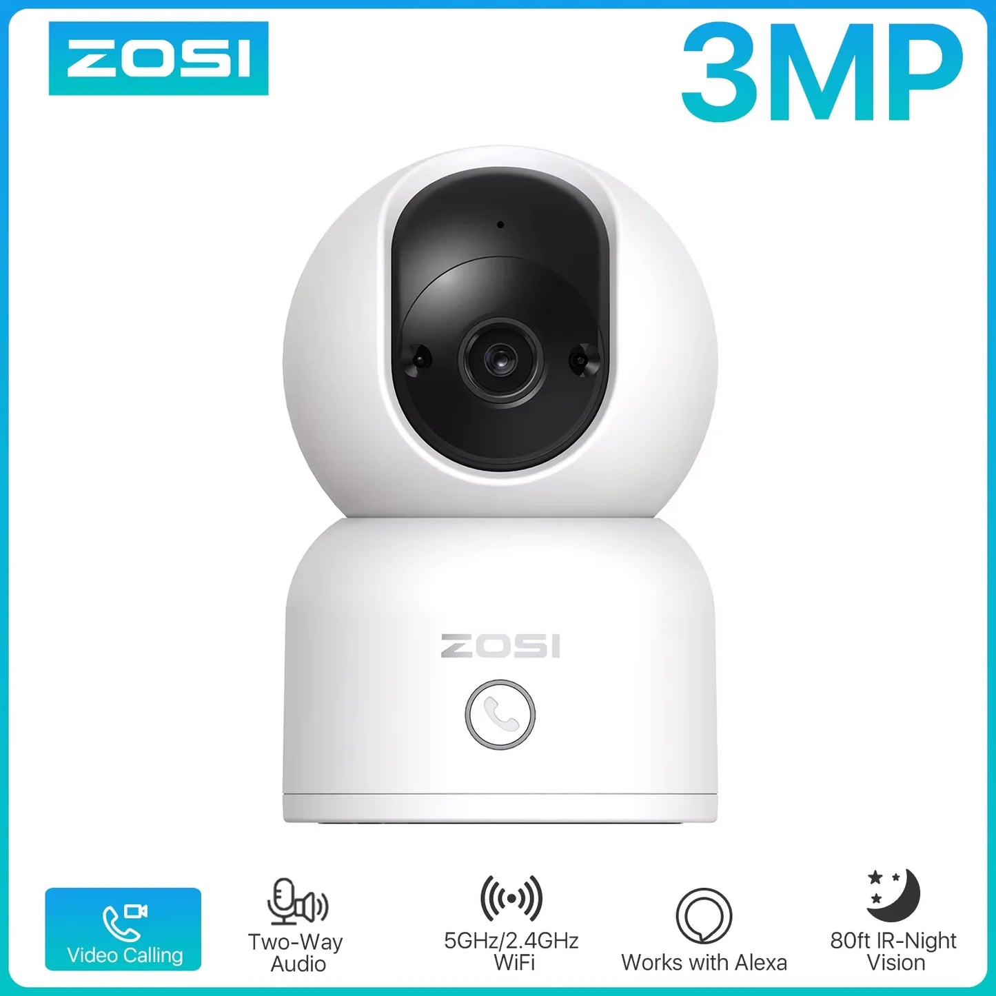 ZOSI C518 Indoor Pan/Tilt Smart Security IP Camera 2K 360° Baby Pet Monitor AI Human Tracking 2.4G/5G WiFi Surveillance Camera