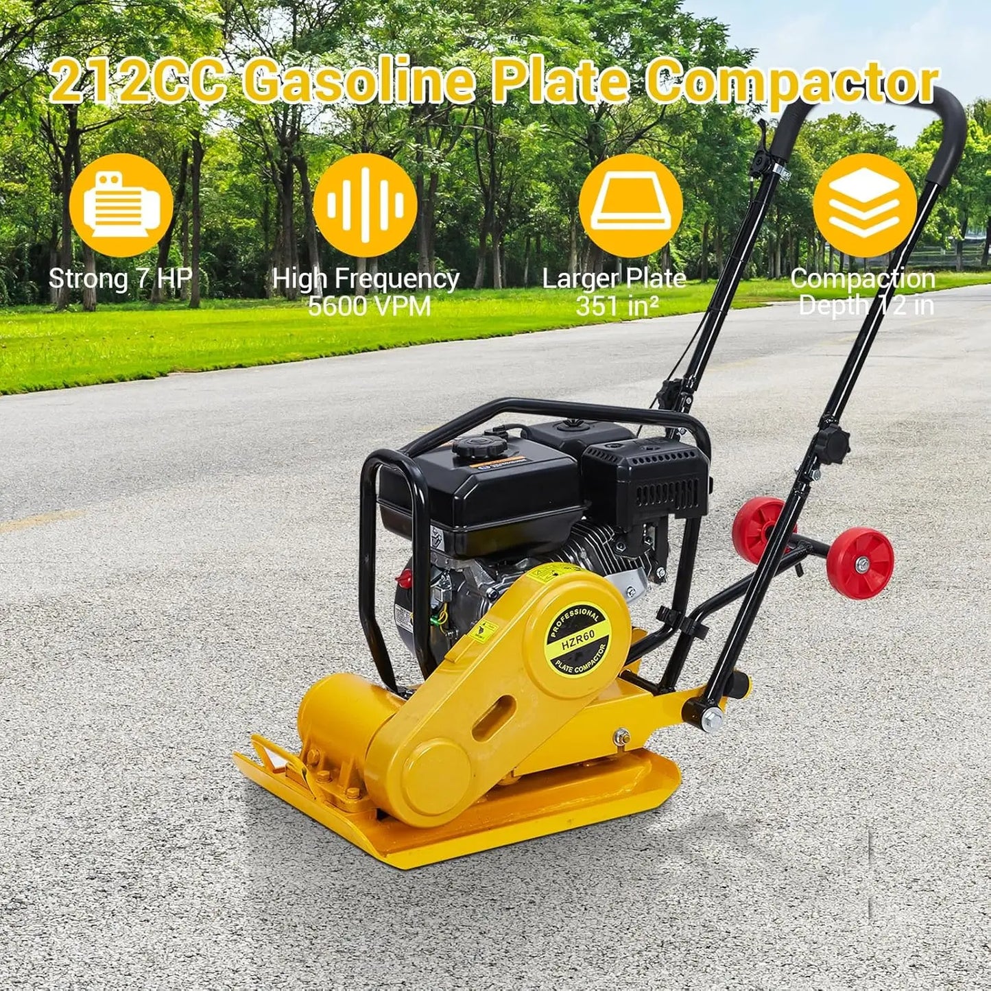 7HP Plate Compactor Rammer with 212cc Gas Engine, 5600 VPM, 4200 Lbs Compaction Force Ground Compactors for Paving Landscaping