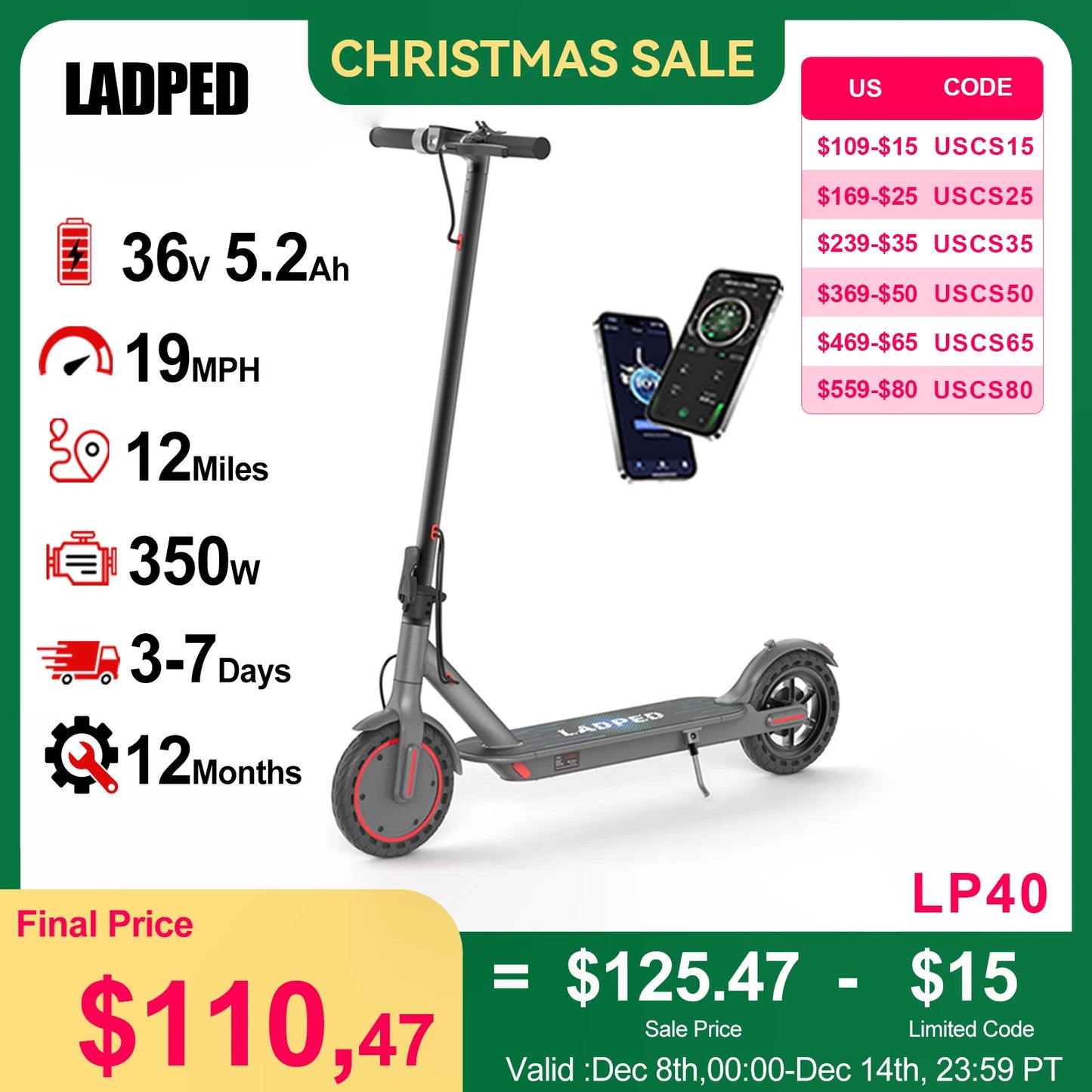 LADPED LP40 Electric Scooter 350W 19mph APP Smart Control 4 Speed Modes Foldable Electric Scooter 16miles Max Range for Adult