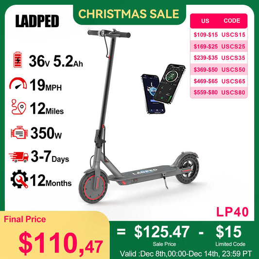 LADPED LP40 Electric Scooter 350W 19mph APP Smart Control 4 Speed Modes Foldable Electric Scooter 16miles Max Range for Adult