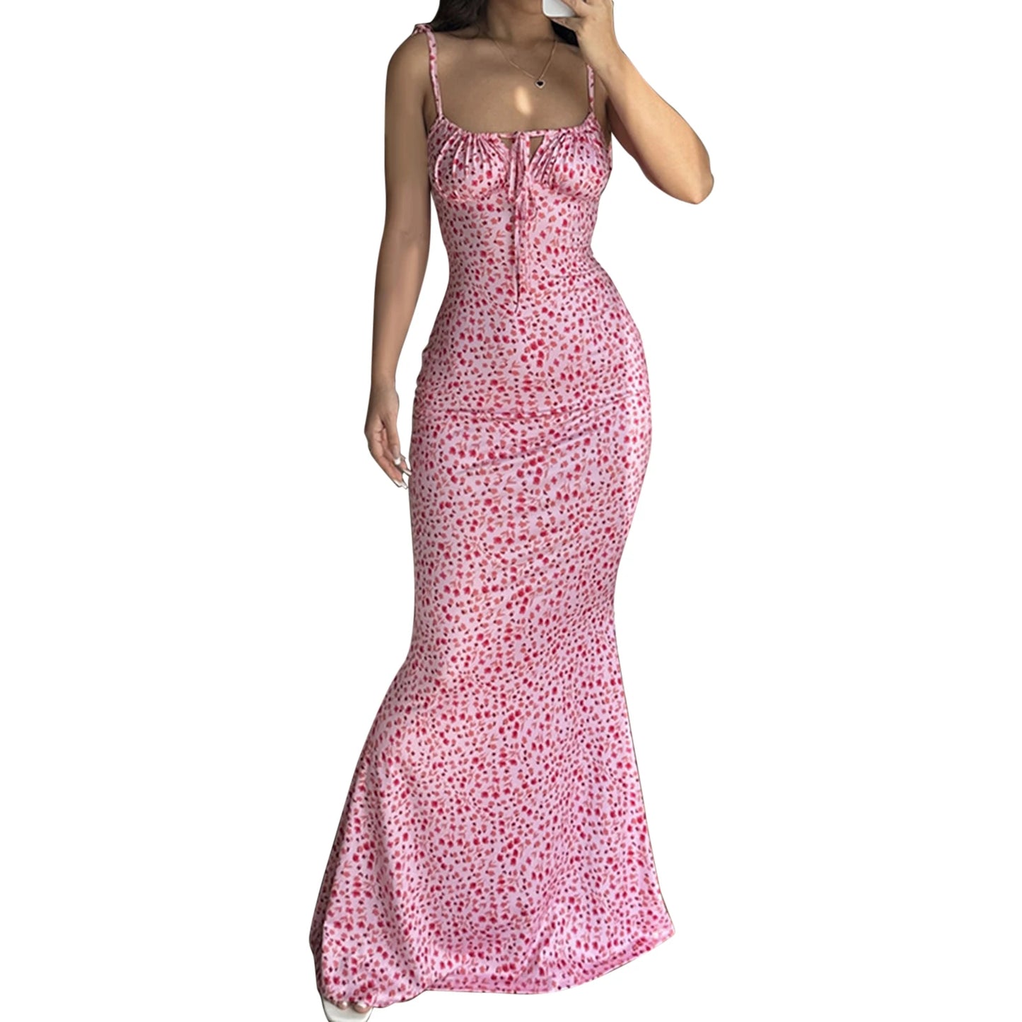 Elegant Floral Print Spaghetti Strap Dress with Drawstring Waist and  Fit Design Ideal for Summer and Spring Events