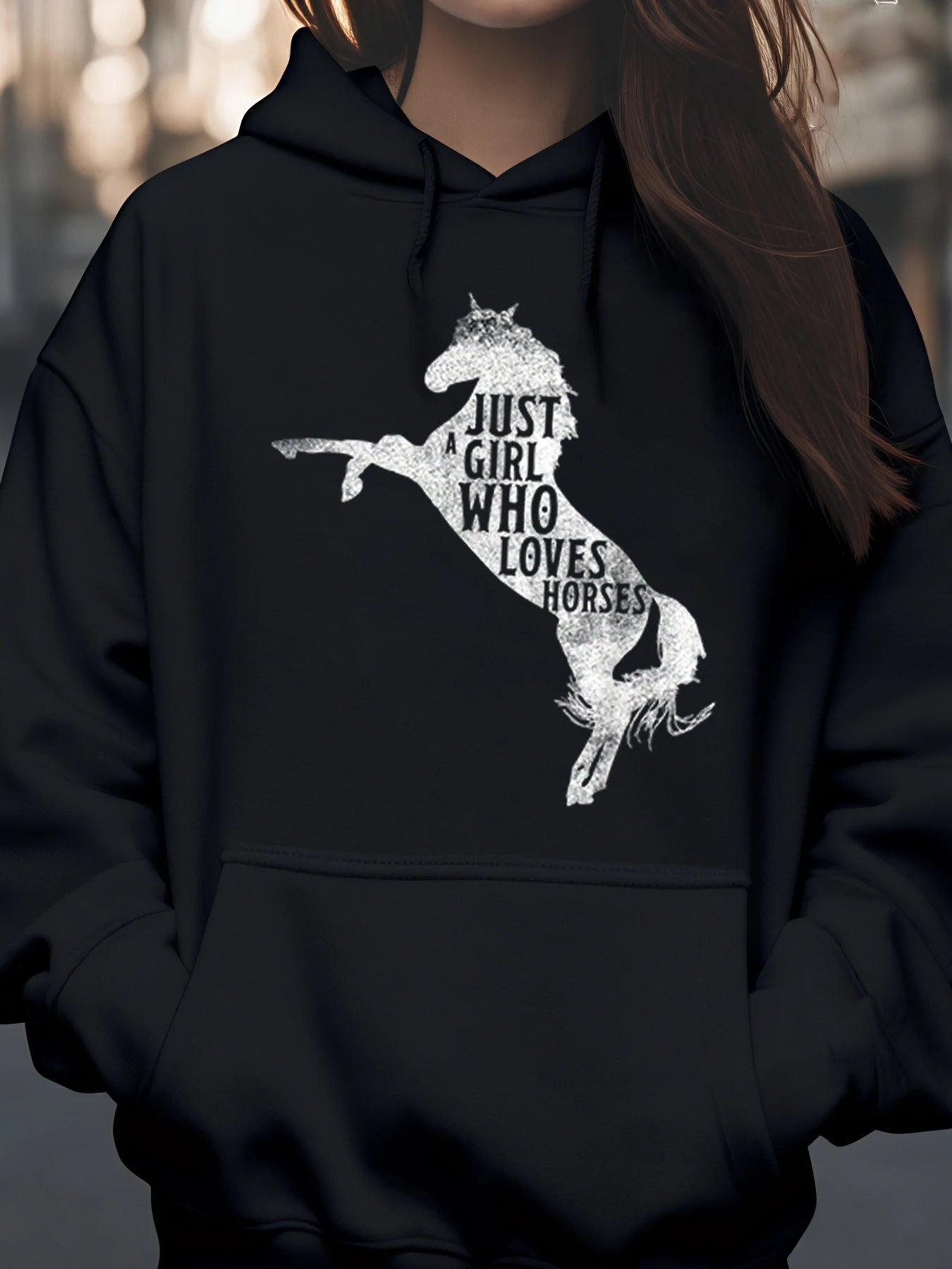 Horse Silhouette Just Girl Who Loves Horses Print Hoodie Fall Winter Casual Wear for Horse Lovers