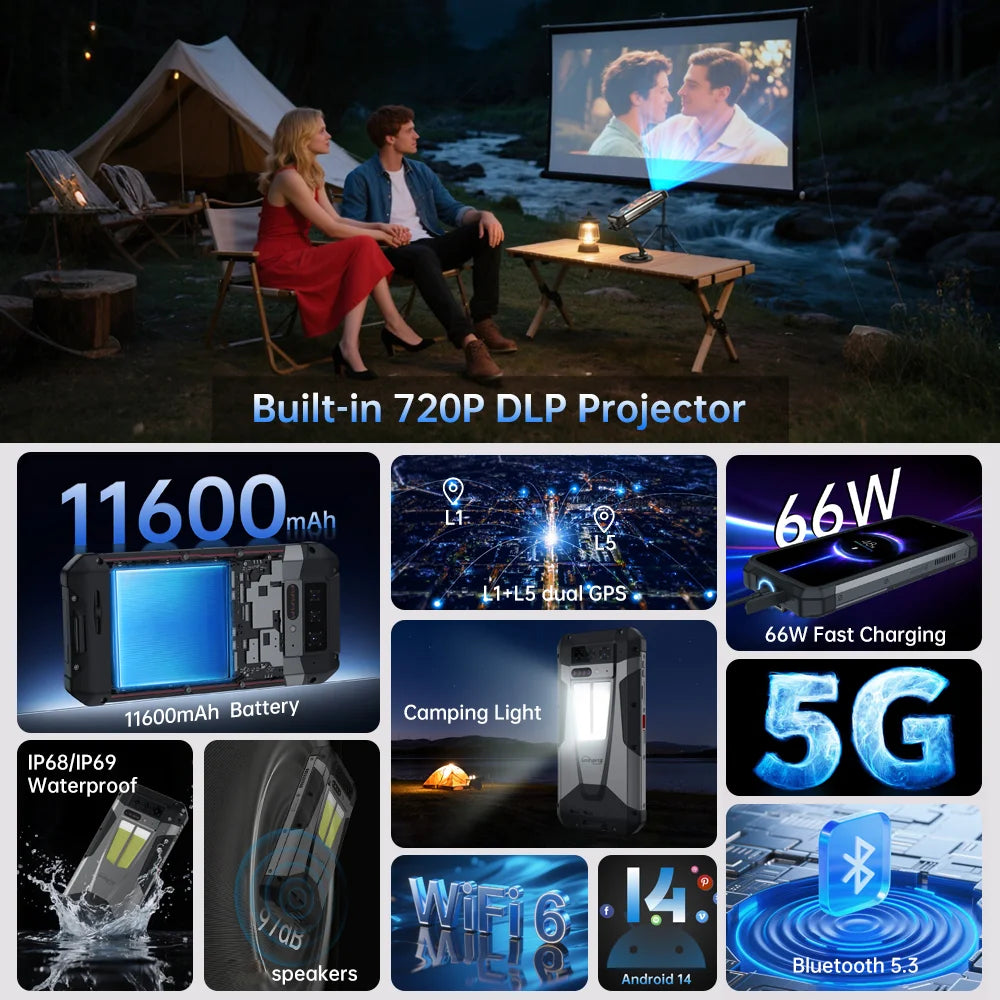 Unihertz by 8849 Tank 4 5G Rugged Phone Built-in 720P Projector 24+512GB 11600mAh Dimensity 7300 120Hz 6.78'' AMOLED Screen