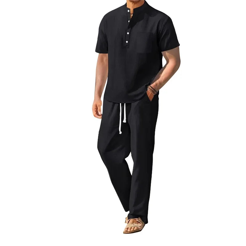 Men s Casual 2 Piece Outfit Short Sleeve Henley Tops with Drawstring Pants Loose Solid Color Set for a Stylish Look