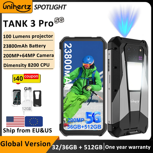 Unihertz Tank 3 Pro 8849 Rugged Smartphone android 5G with 100 Lumens Projector 32/36GB 512GB 23800mAh Waterproof 200MP phones