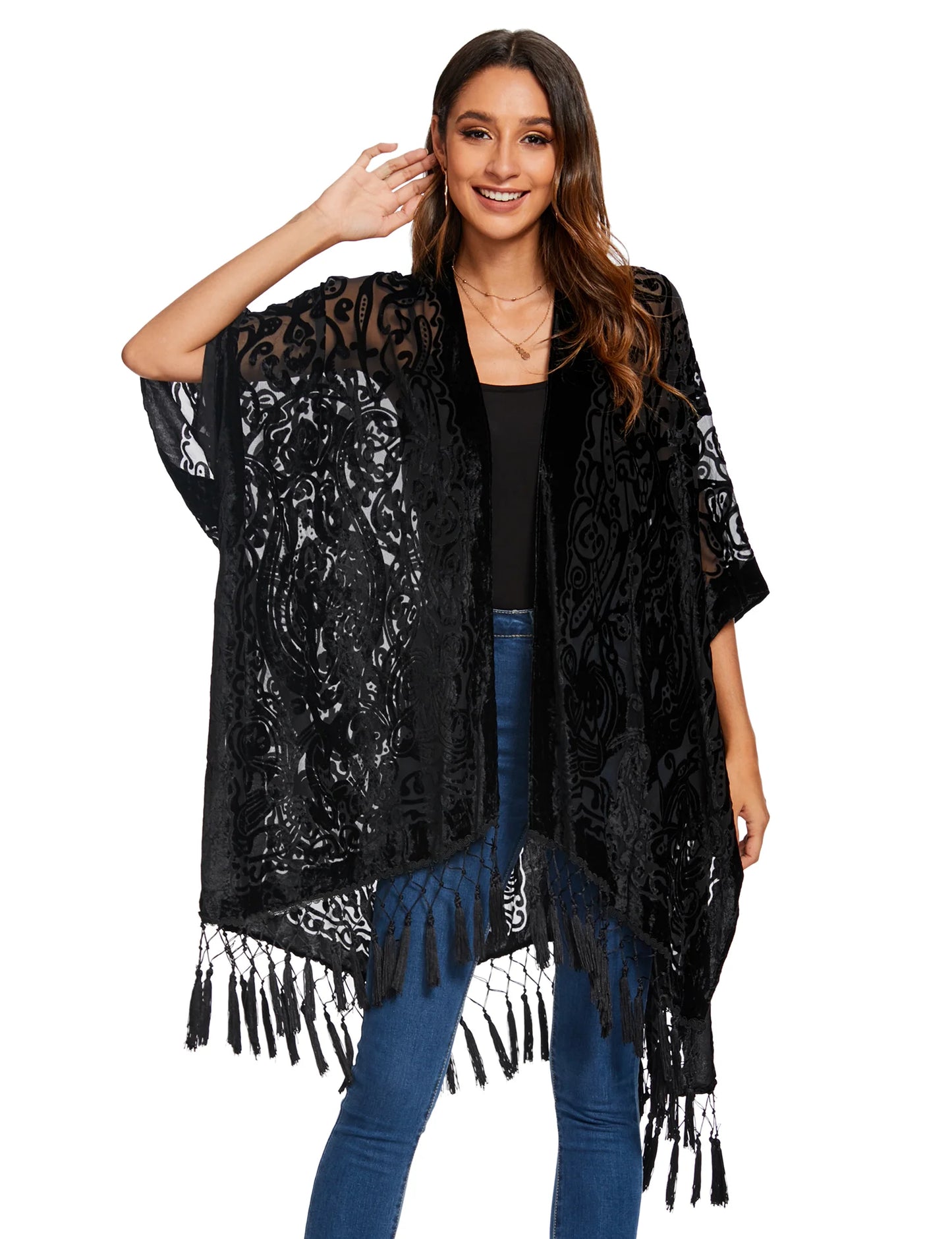 WeHello Women's Burnout Velvet Kimono Long Cardigan Cover Up with Tassel Burgundy Casual Cardigan Shawl Oversize Top