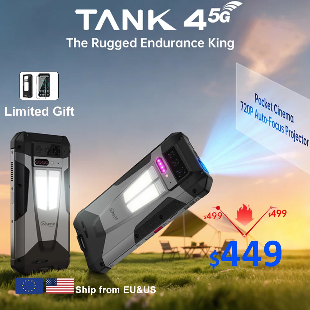 Unihertz by 8849 Tank 4 Smartphone 5G Built-in 720P Projector 512GB ROM 24GB RAM 11600mAh Dimensity 7300 AMOLED Phone Android 14