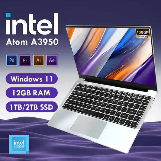Erilles Intel Atom A3950 Laptop Windows 11 Pro 12GB RAM 1TB SSD