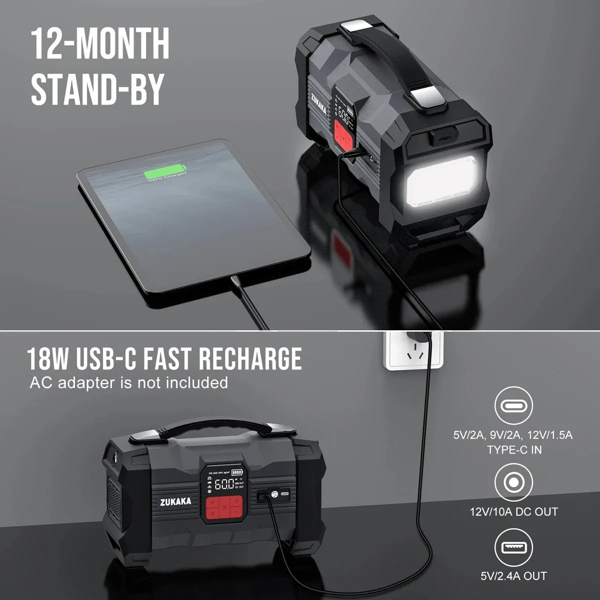 ZUKAKA 26800mAh Jump Starter With Air Compressor And Booster
