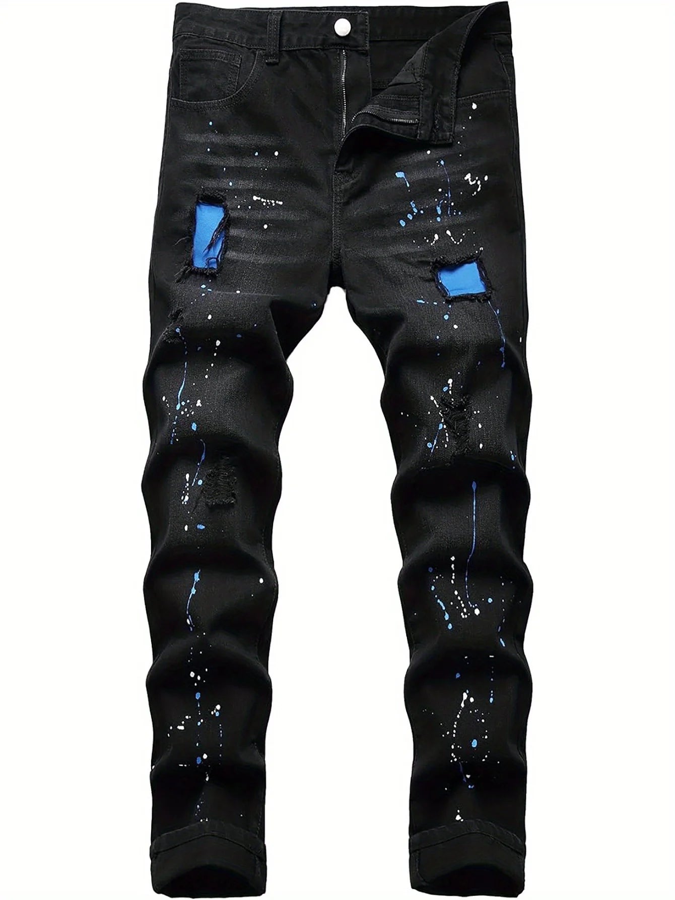 Men's jeans blue patch tear elastic regular black jeans pants