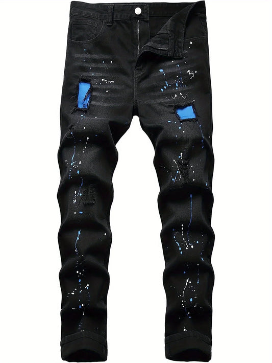 Men's jeans blue patch tear elastic regular black jeans pants
