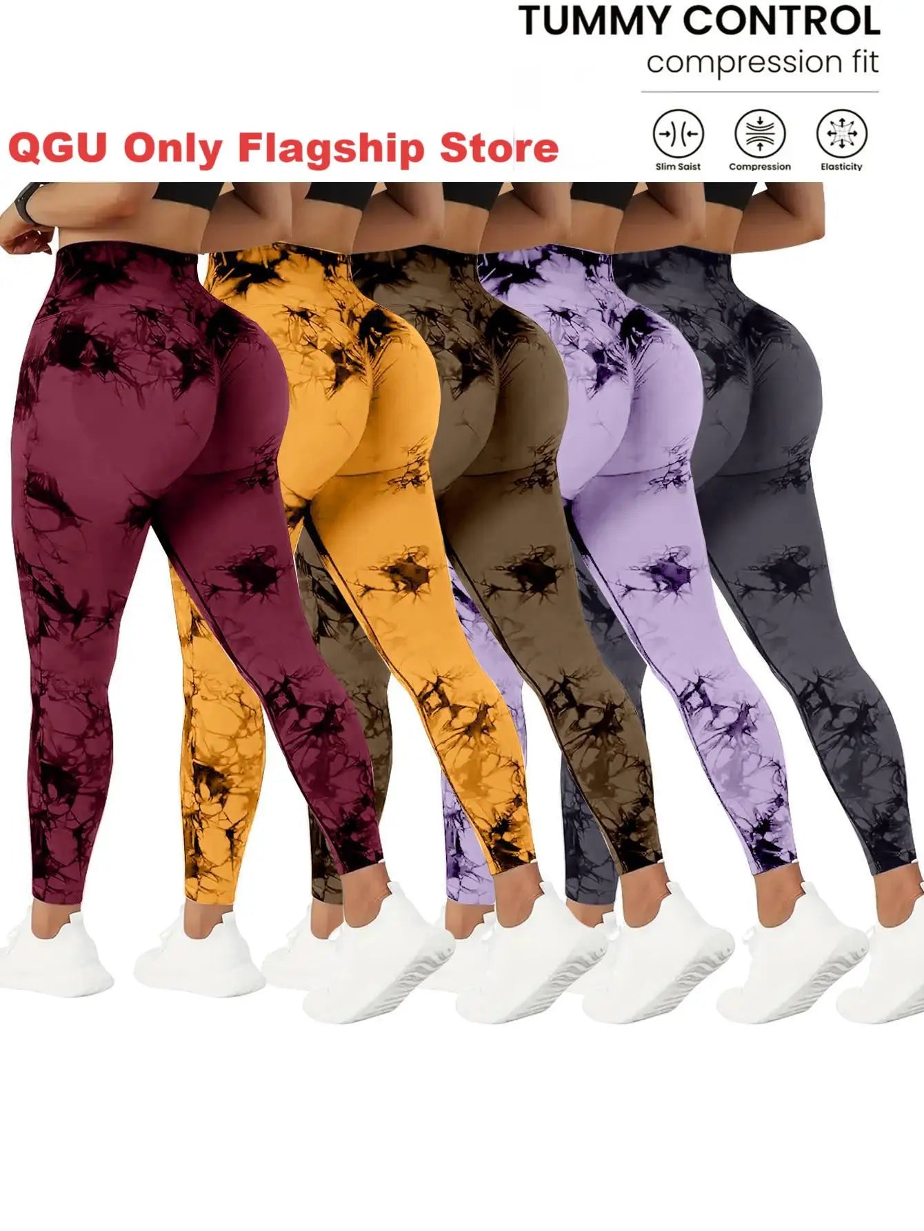 QGU 5-Pack High Waist Tummy Control Yoga Pants For Women, Summer Tie.Dye Fitness Leggings, Stretchy Running Peach Lift Workout T