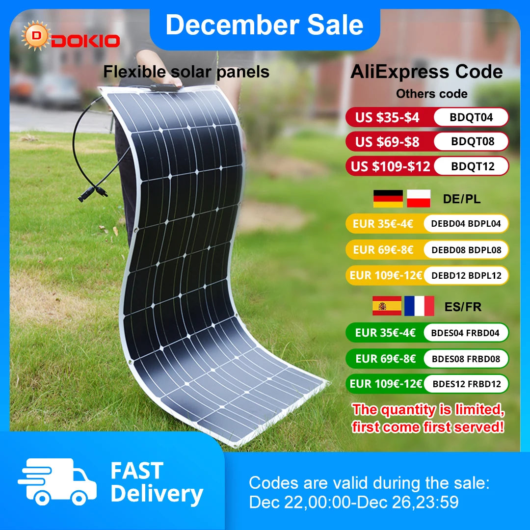 DOKIO 18V 100W/200W/400W Flexible Solar Panels Waterproof Monocrystalline Solar Panel Camping RV Home Charge 12V