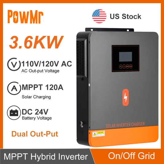 PowMr 3.6KW Hybrid Solar Inverter 24V DC to 110/120V AC With 120A MPPT Solar Charge Dual Out-Put Power Inversor Support Lifepo4