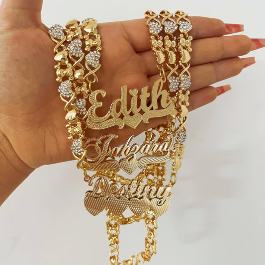 Personalized  Teddy Bear Chain Name Necklace with Diamond 3D Double-layer Nameplate DIY Custom Name Necklace Golden Women's Gift
