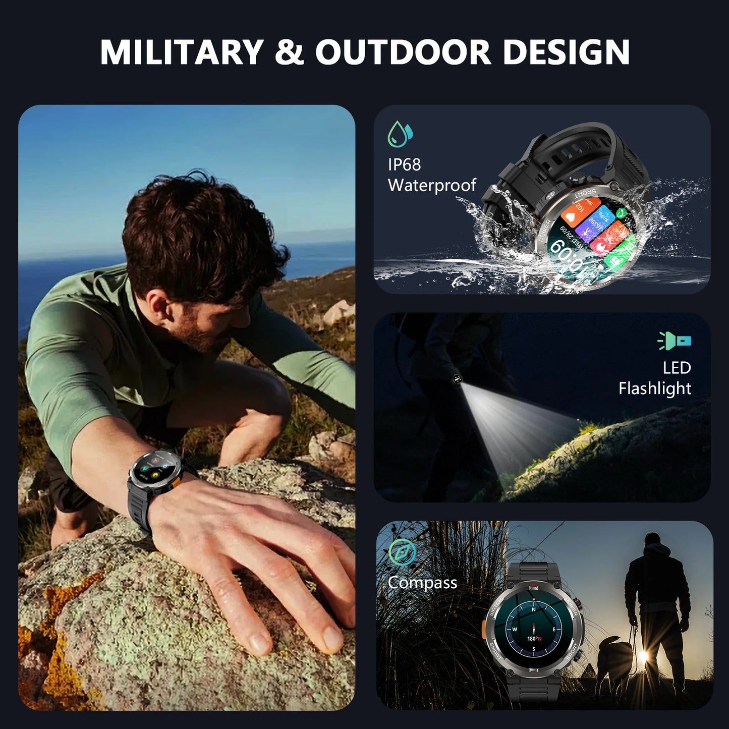 2025 New Blackview W50pro Waterproof Smartwatch with LED Flashlight Emergency lighting 960mAh Large Battery Life Man Smart Watch