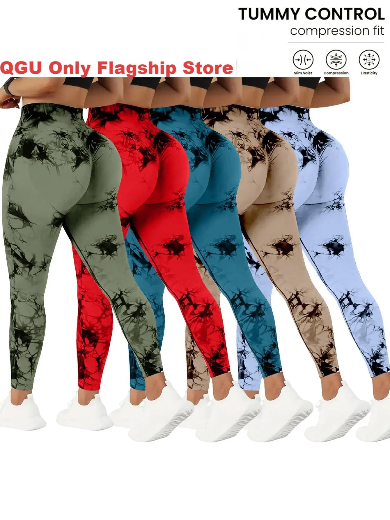 QGU 5-Pack High Waist Tummy Control Yoga Pants For Women, Summer Tie.Dye Fitness Leggings, Stretchy Running Peach Lift Workout T