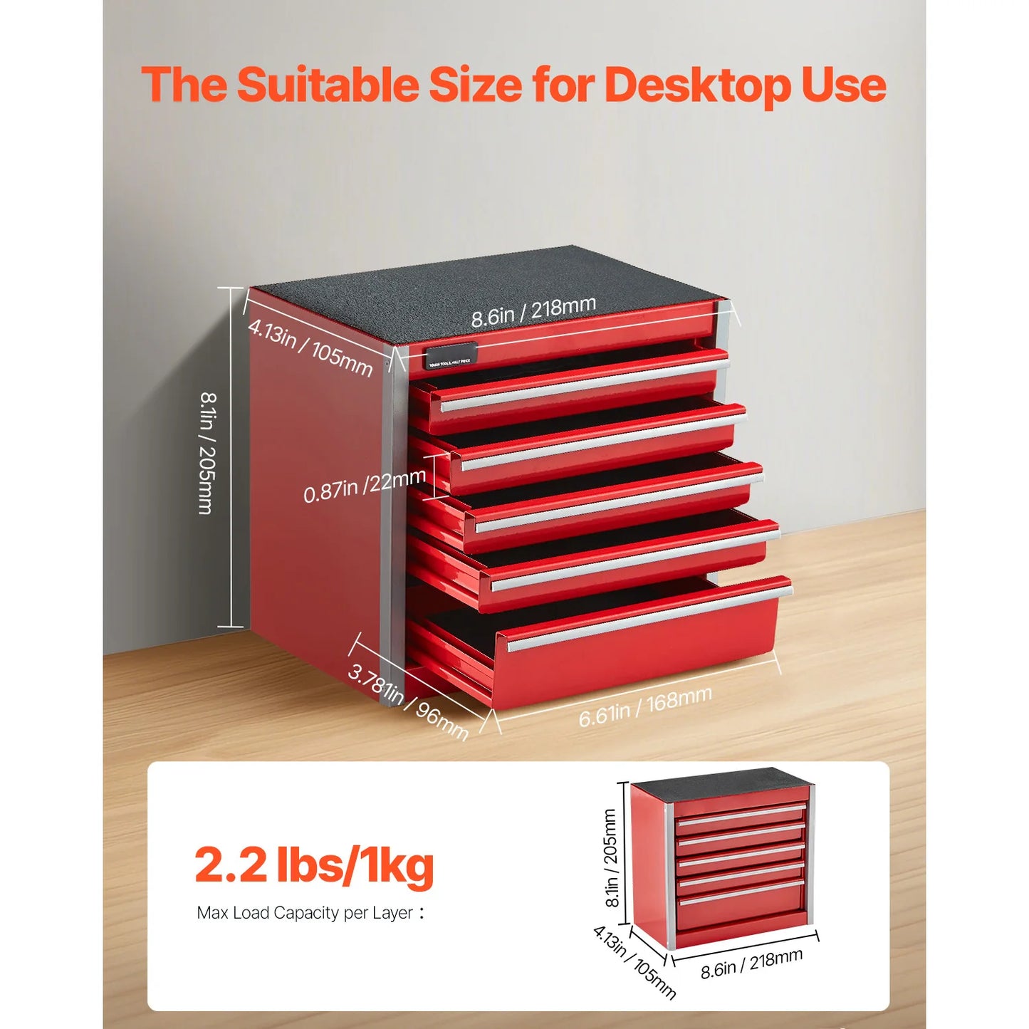 SucceBuy 5-Drawer 8.6in Metal Tool Box Red/Black Portable Small Tool Chest with PP Feet Pads for Garage Workshop Tools Storage