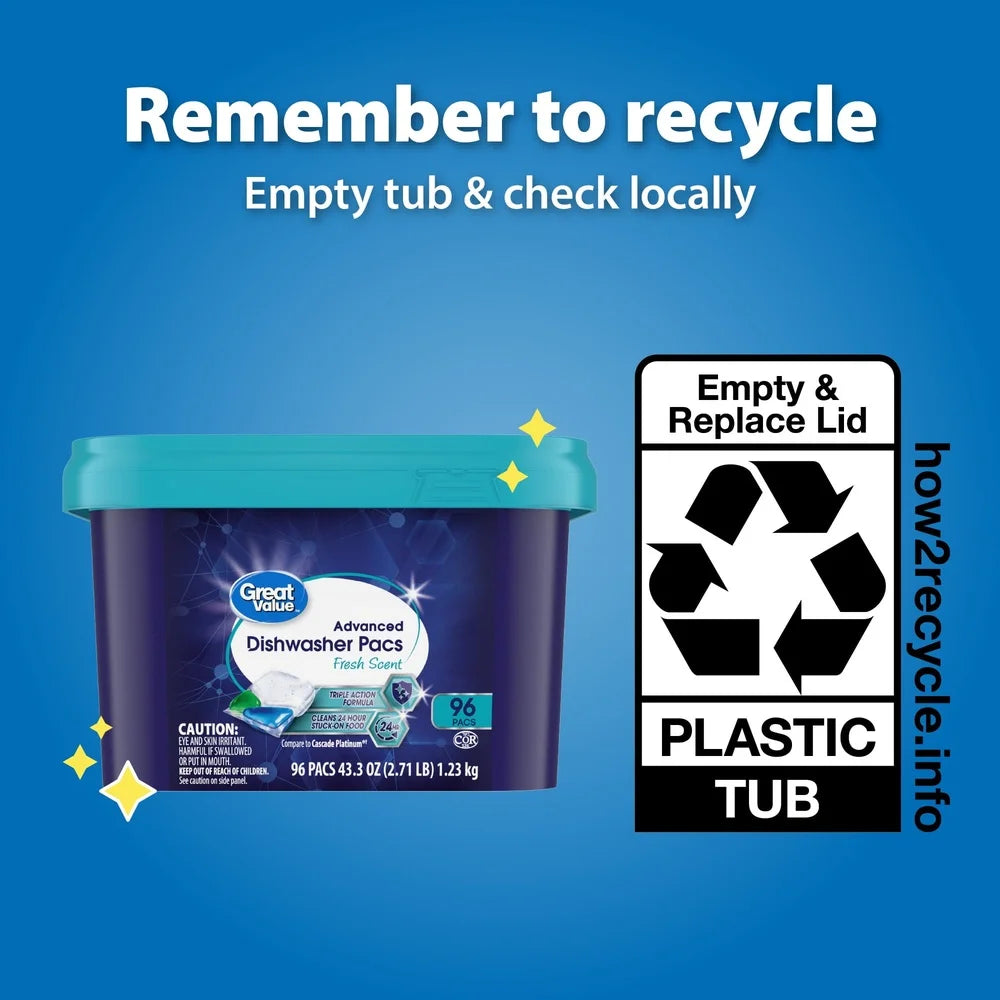 Advanced Automatic Dishwasher Pacs 62 Count Fresh Scent Triple Action Formula Tough on Grease Stains Residue No Pre-Rinse Safe