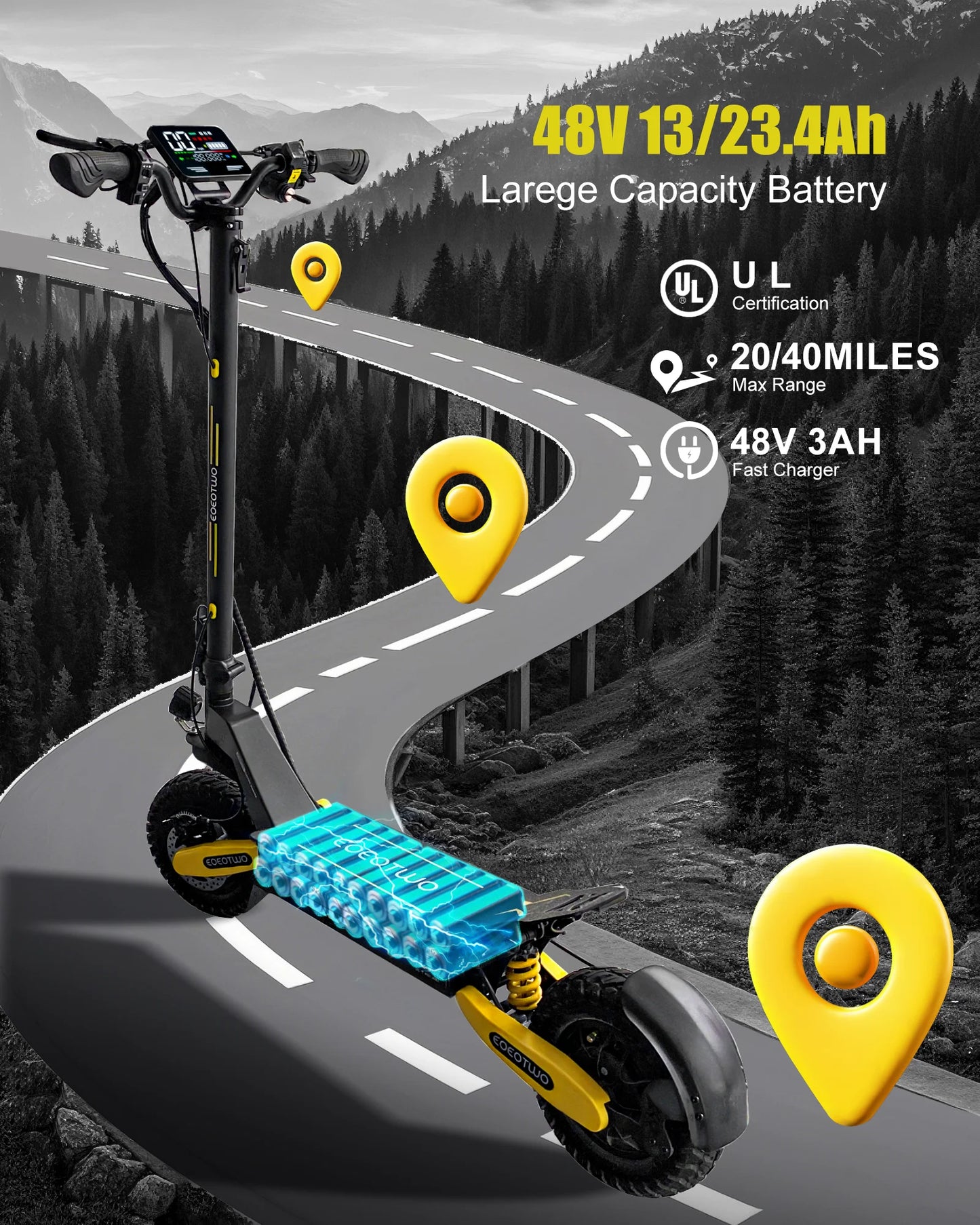 Electric Scooter Adults 1200W Motor 48V13/23AH Lithium Battery E Scooters Dual Spring Absorbers 11'' Off-Road Tires Scooter