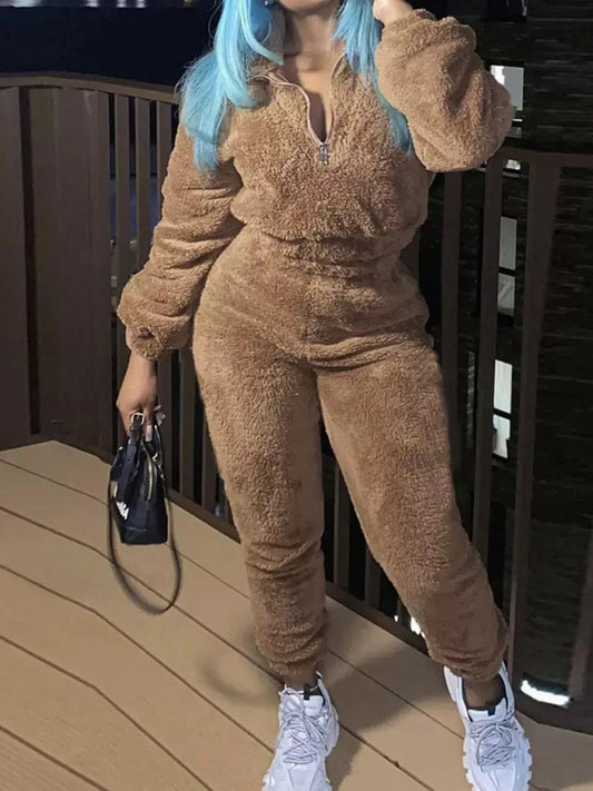 Women's New Solid Color Velvet Two-Piece Set, Long-Sleeved Semi-Open Neck Sweatshirt and Slim Pants, Machine Washable, Suitable