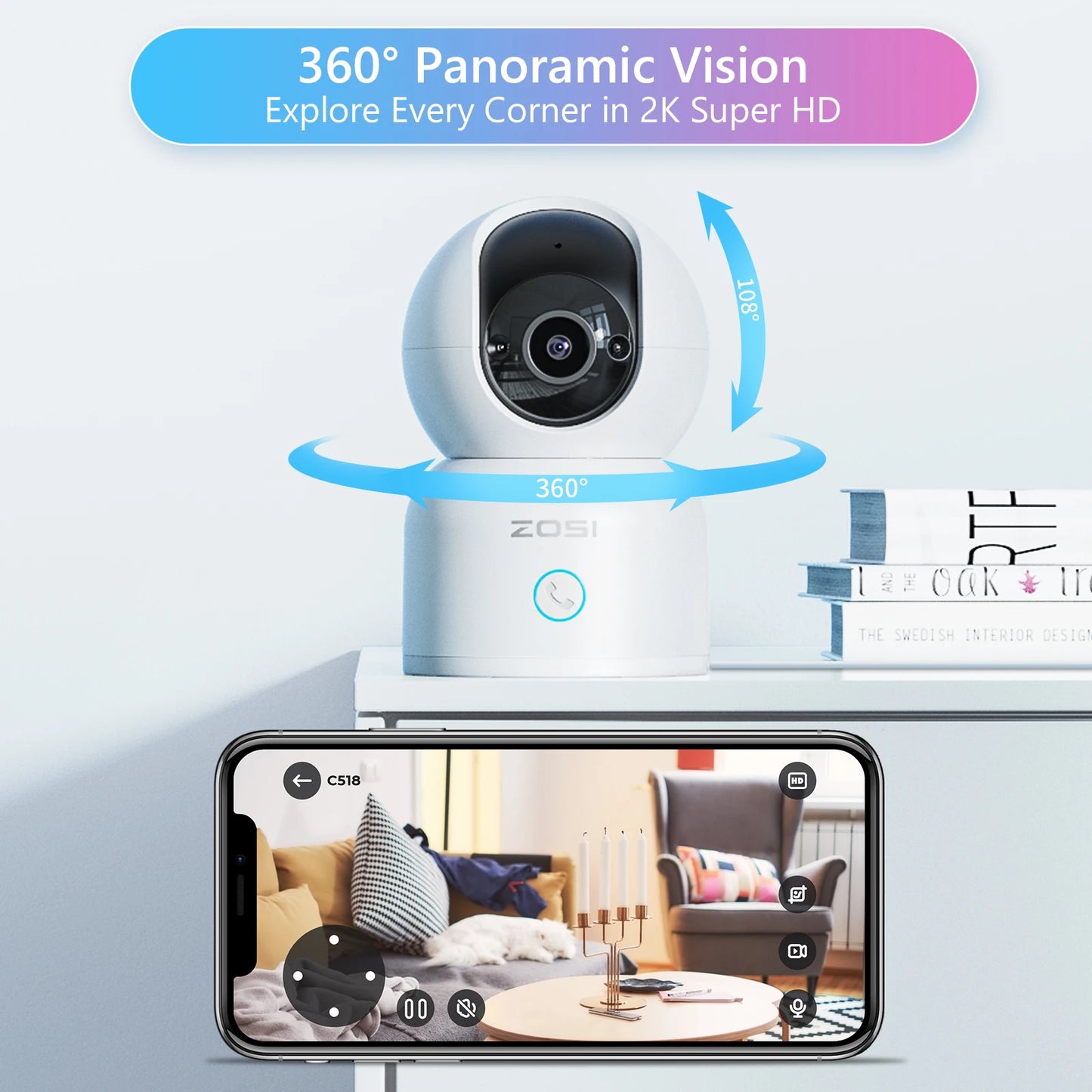 ZOSI C518 Indoor Pan/Tilt Smart Security IP Camera 2K 360° Baby Pet Monitor AI Human Tracking 2.4G/5G WiFi Surveillance Camera