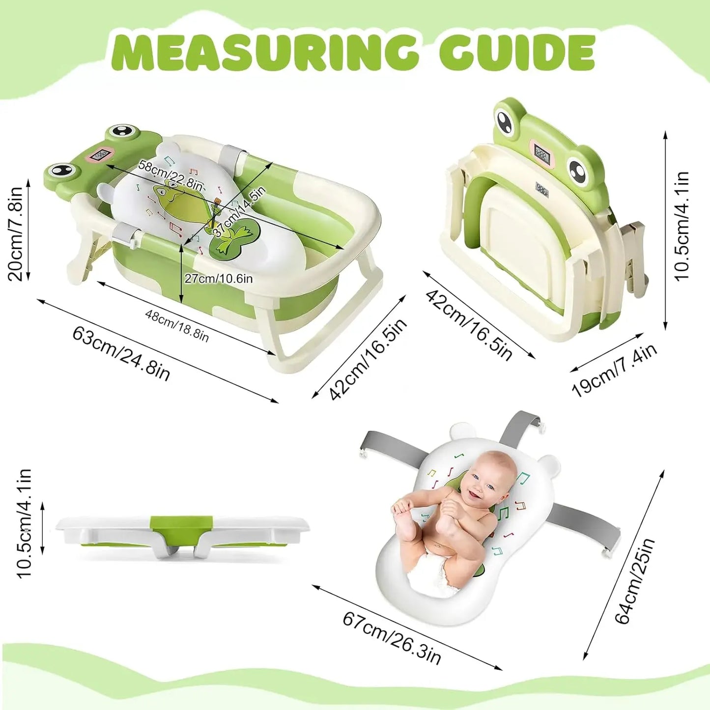 Baby Bath Tub with Bath Cushion Foldable Bathtub with Thermometer Shower Cap Shower Brush for Newborn and Toddler 0-36 Months