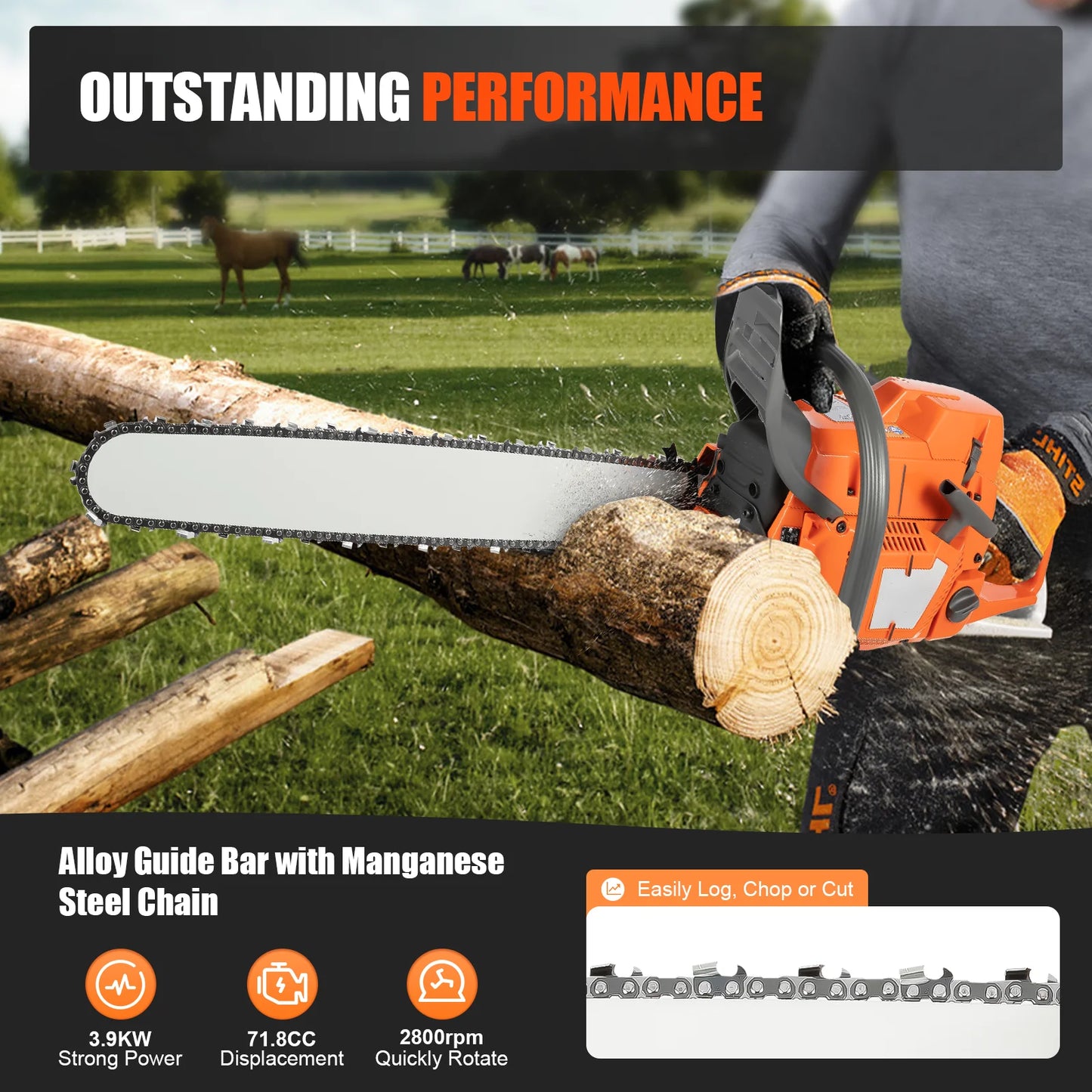 24 Inch Gas Chainsaw, 72CC 3900W 2-Stroke Handheld Cordless, Orange Chainsaw for Wood Cutting