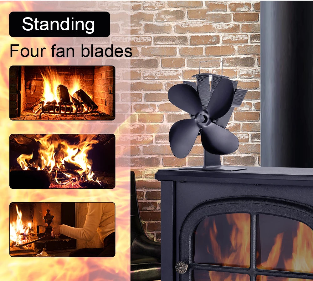 4 Blade Heat Powered Stove Fan Black Fireplace Fan komin Log Wood Burner Eco Friendly Quiet Fan Home Efficient Heat Distribution