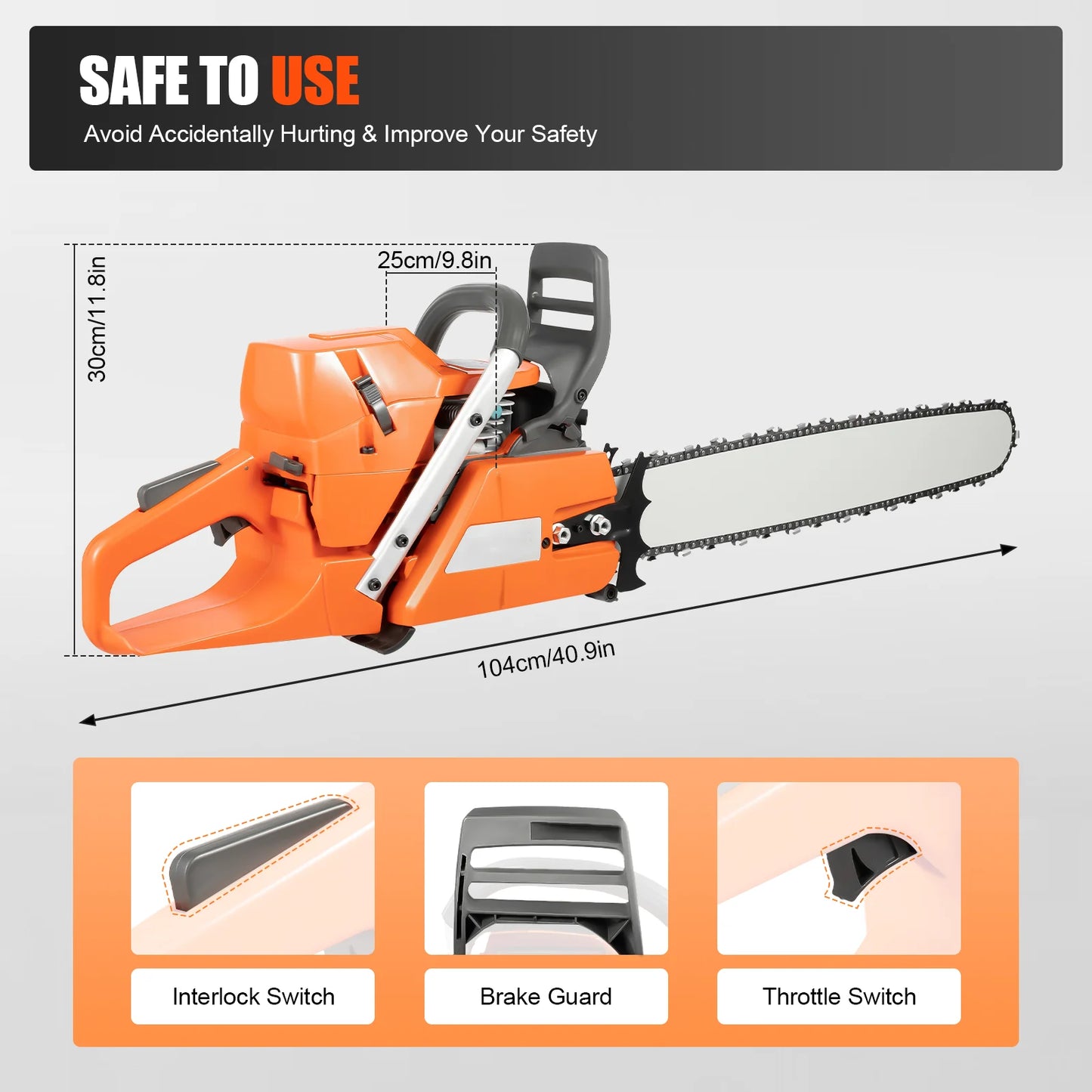 24 Inch Gas Chainsaw, 72CC 3900W 2-Stroke Handheld Cordless, Orange Chainsaw for Wood Cutting