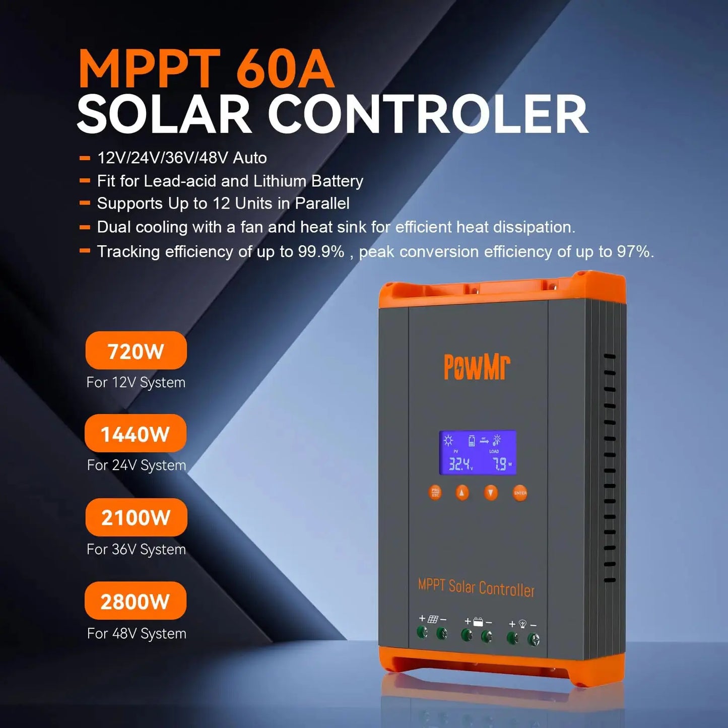 PowMr 60A MPPT Solar Charge Controller 12V /24V /36V/48V Charger for 720W-2800W off grid Controller Max PV 160V LED LCD Display