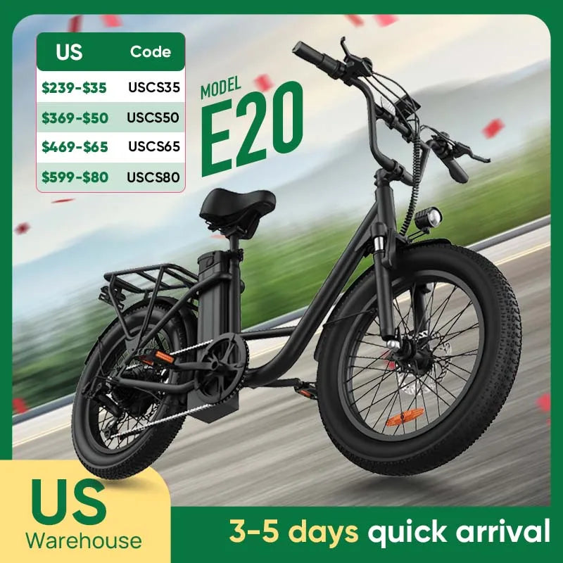 URLIFE 1000W E20 Electric Bike | 48V 13Ah Removable Battery, 20MPH, 20''X3" Fat Tire, 7-Speed E-Bike with Dual Disc Brake