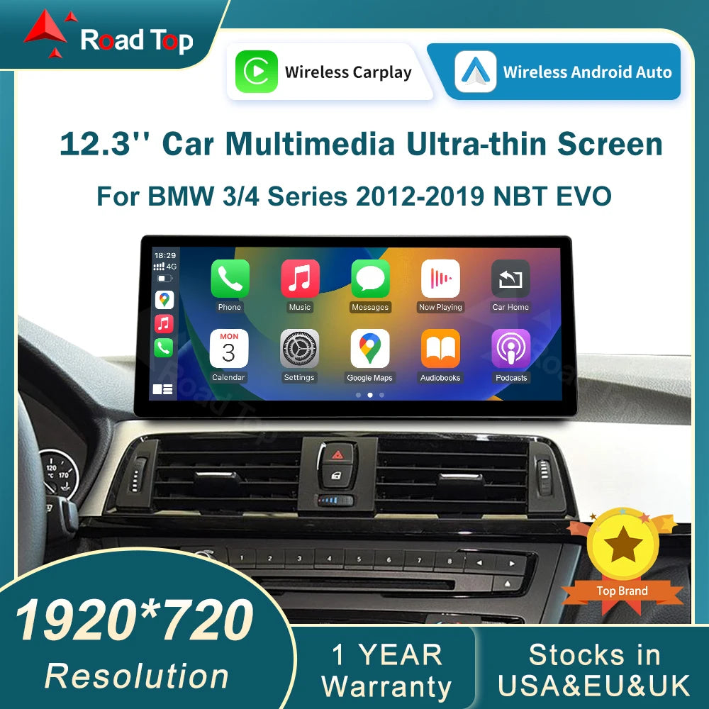 12.3''  Wireless CarPlay Android Auto Multimedia Display Screen For BMW Series 3 4 F30 F31 F32 F33 F34 F36 2012-2019