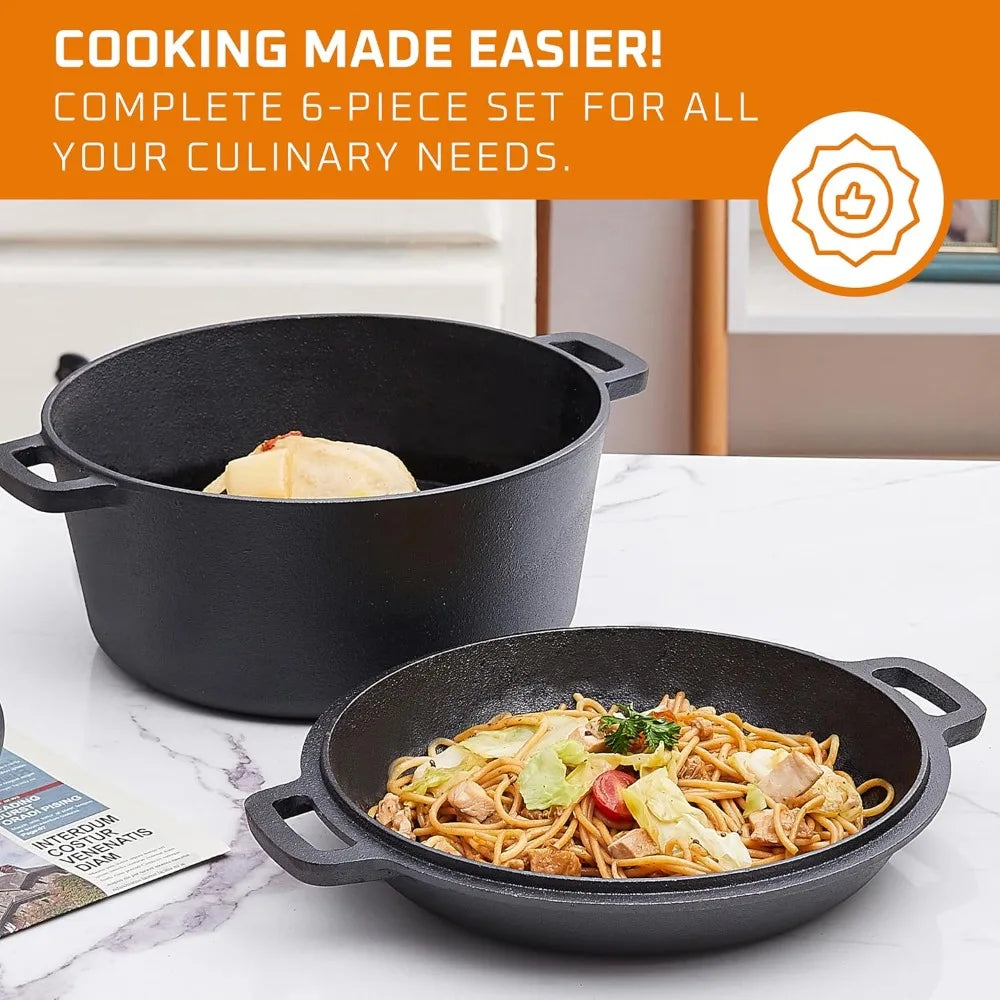 Pan Cooking Set - Cast iron skillet and square baking pan with lid - Outdoor camping cookware