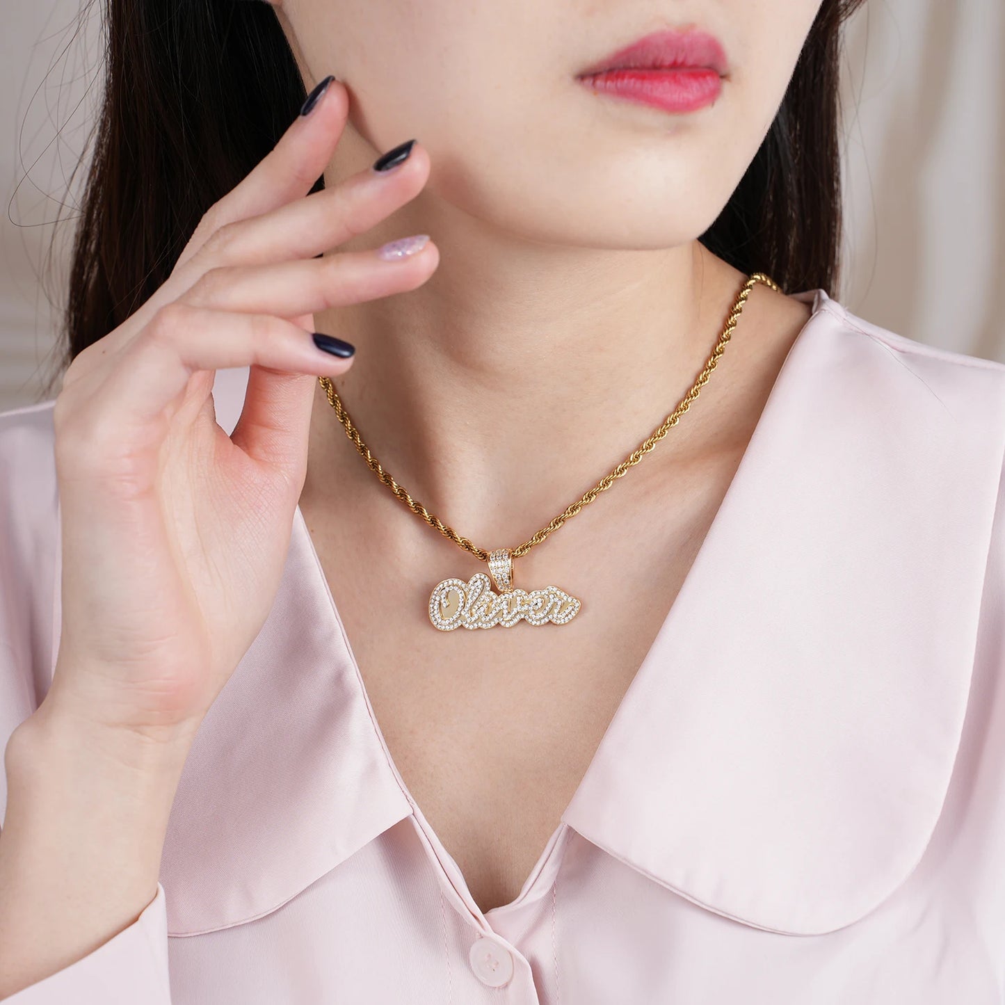 Personalized Iced Out Necklace With Name For Women Custom Double Crystal Name Necklaces Stainless Steel Chain Pendant Jewelry