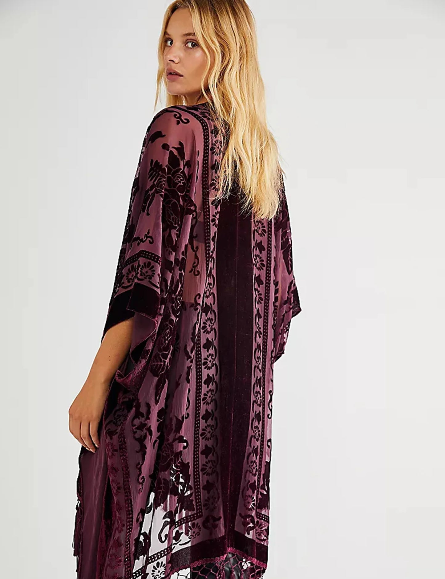 WeHello Women's Burnout Velvet Kimono Long Cardigan Cover Up with Tassel Burgundy Casual Cardigan Shawl Oversize Top