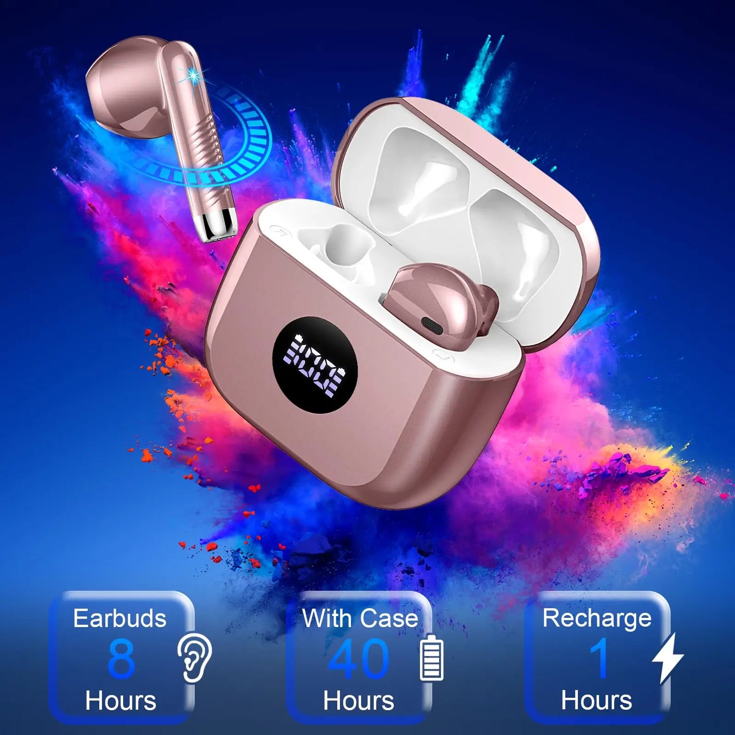 DRSAEC Wireless Earbuds, Bluetooth 5.3 Ear Buds LED Power Display Headphones, in-Ear Noise Cancelling Mic, 40H Playback.
