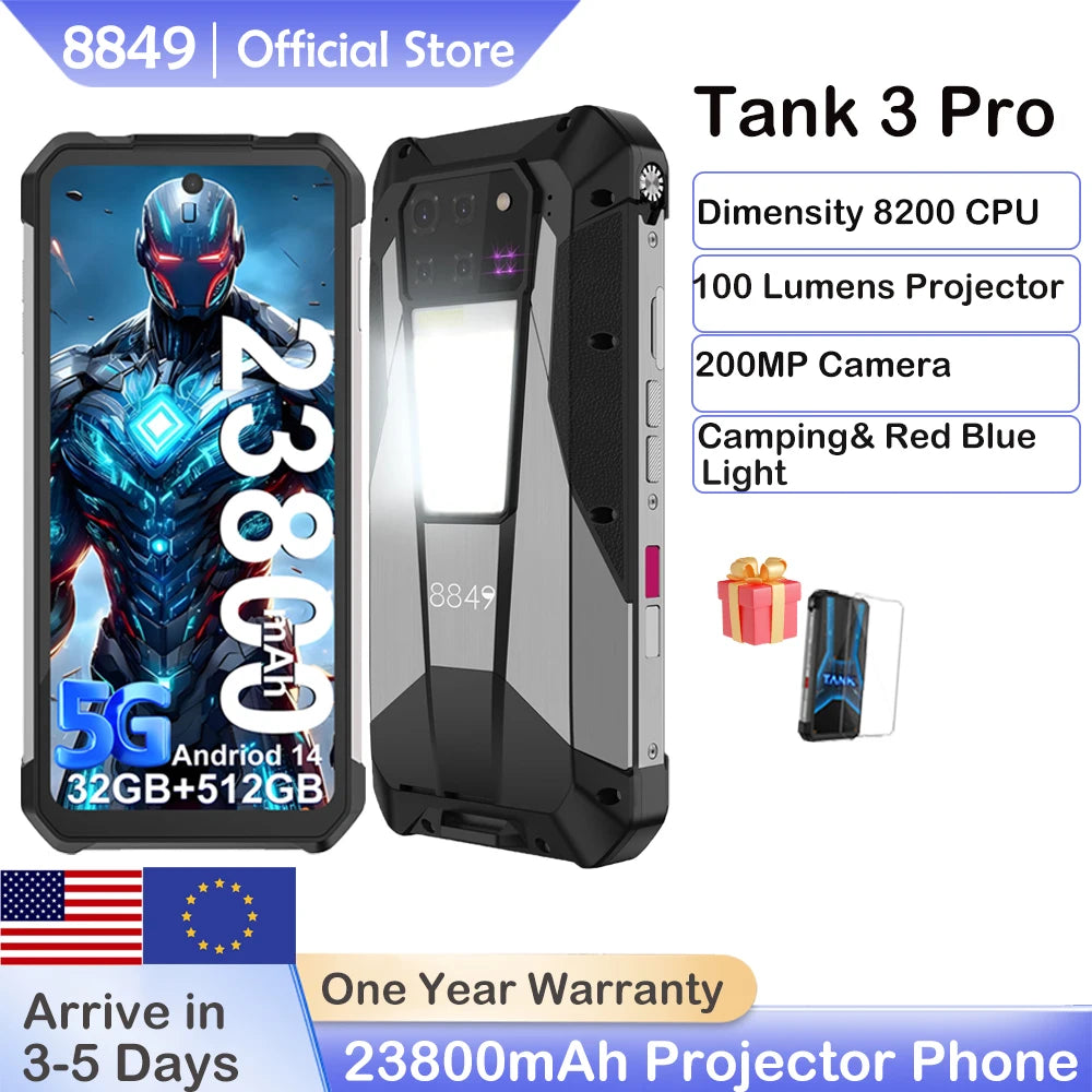 8849 Tank 3 Pro Unihertz Projector Rugged Smartphone 23800mAh 512GB+36GB 5G Android14 Outdoor Phone 120W Fast Charging Dual Sim