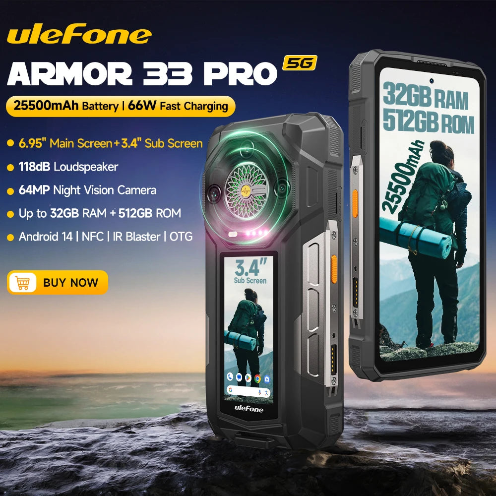 Ulefone Armor 33 Pro 5G Rugged Phone 25500 mAh 512GB ROM 120Hz 6.59”3.4" Rear Screen NFC Android Smartphone