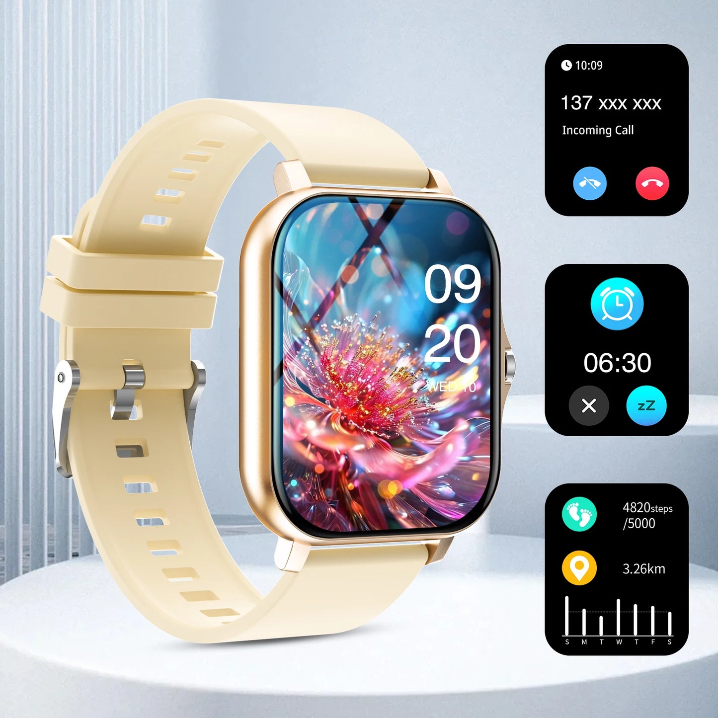 Sports smart watch, fitness activity detector, Bluetooth calling, message reminder view, unisex, suitable for Android and iPhone