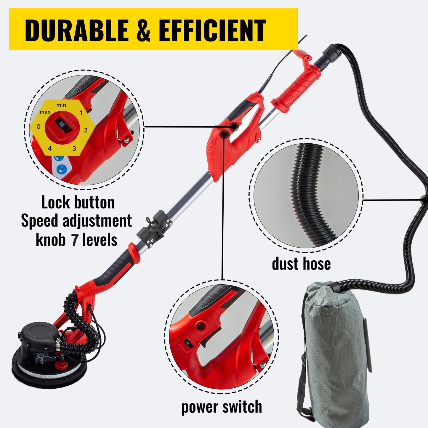 VEVOR 850W Drywall Sander 800-1750 RPM Variable Speed Telescoping Handle