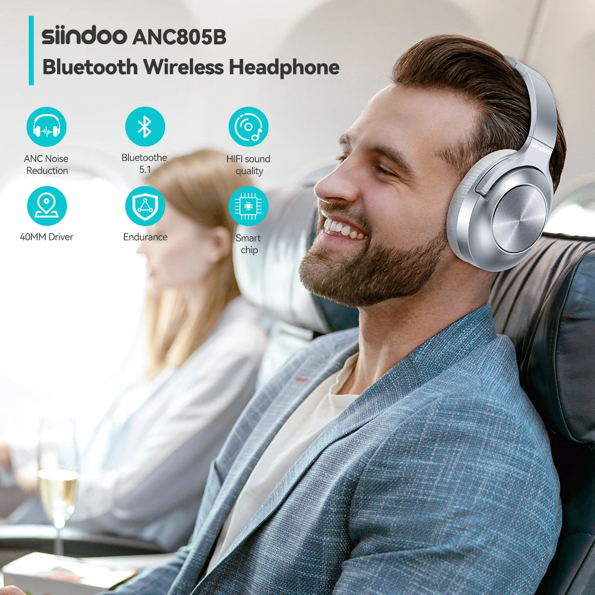 Siindoo JH-ANC805B Active Noise Cancelling Wireless Headphones Over Ear with Mic BT 5.3 HiFi Stereo Headset Deep Bass for PC TV