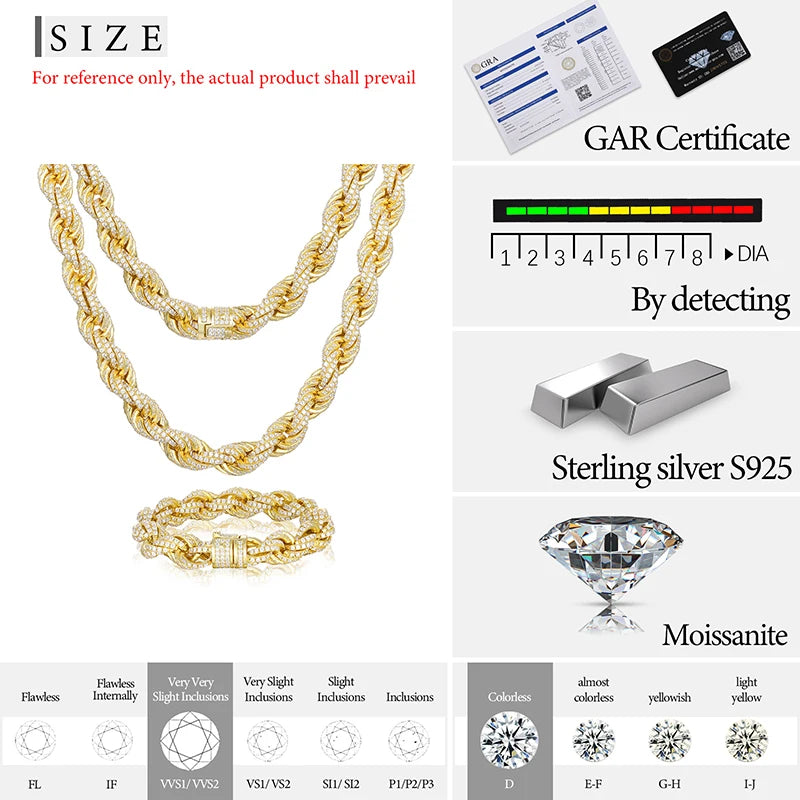 TUHE High Quality Moissanite  Rope Chain S925 Silver Man Moissanite Necklace With Certificate For Men Women Hip Hop Jewelry Gift