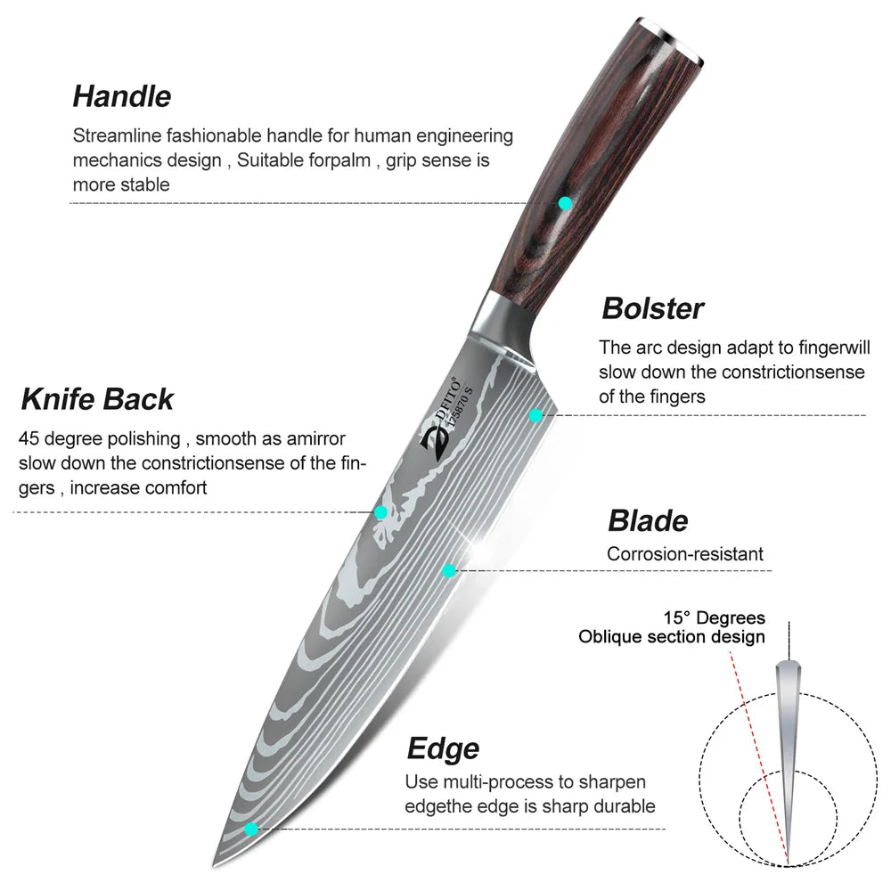 MDHAND 8pcs Kitchen Knife Damascus Stainless Steel Chef Knife Utility Paring Boning Cleaver Slicing Santoku Knives Nylon Bag