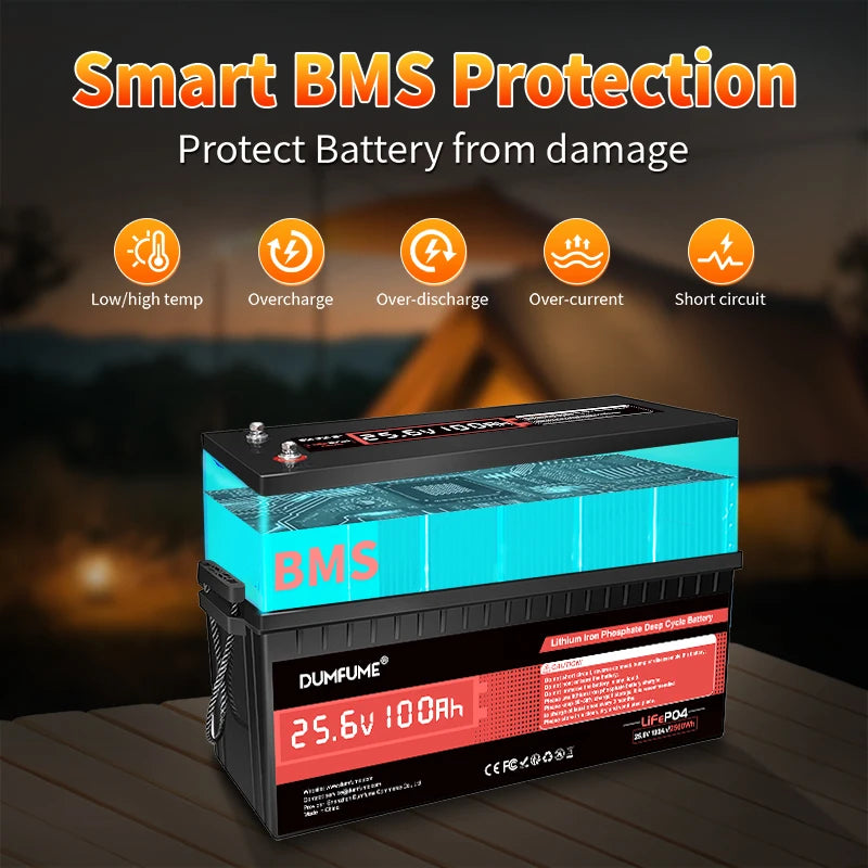 Dumfume 25.6V 100Ah Lifepo4 Lithium Battery 2560w With 100A BMS 12V 600Ah/12V 314Ah/12V 100Ah/36V 100Ah Battery For Solar RV